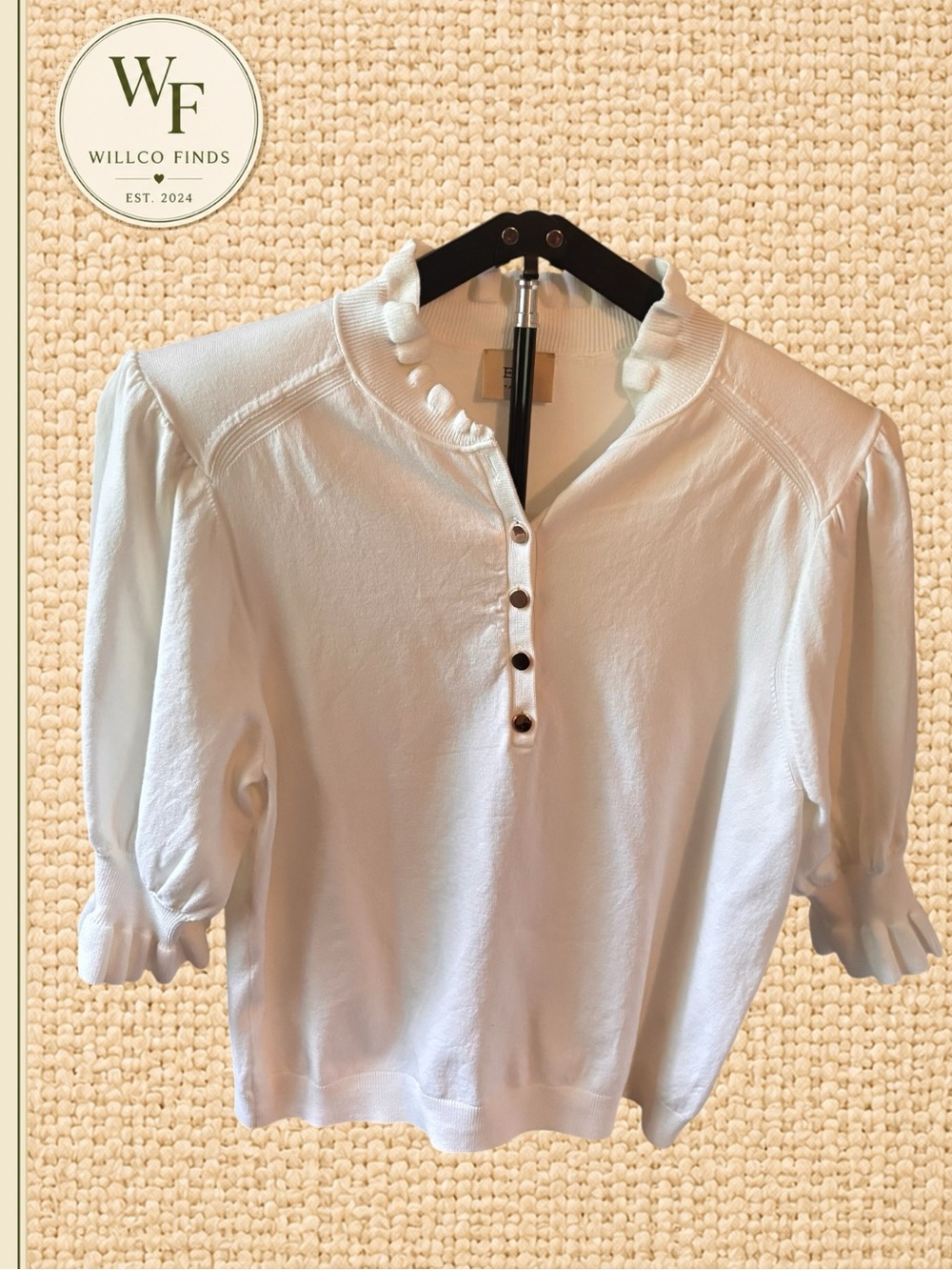 Elie by Elie Tahari Snow Globe Cream Ruffle Henley Puff Sleeve Sweater